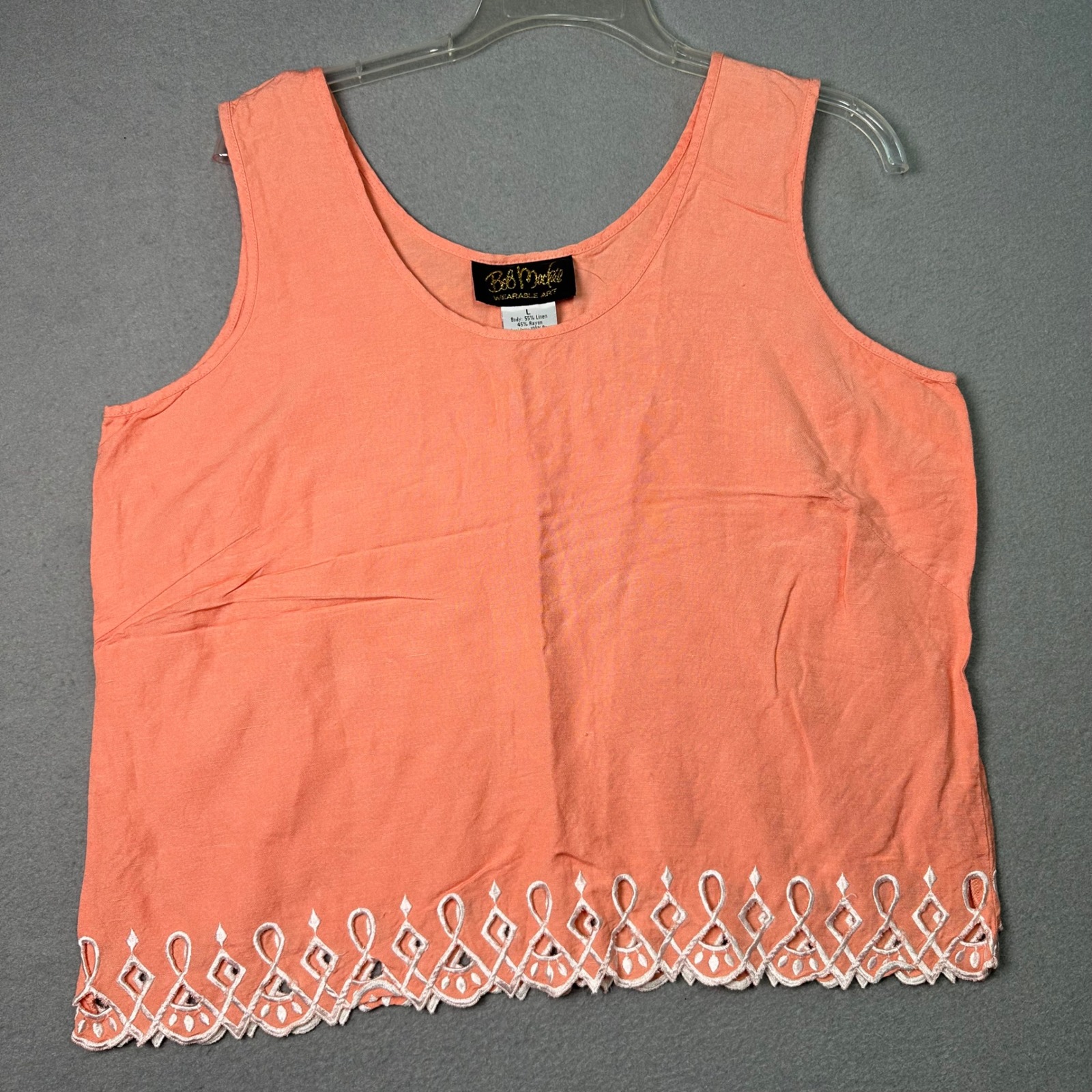 Bob Mackie Boho Wearable Art Coral Linen Blend Eyelet Embroidered Tank Top L